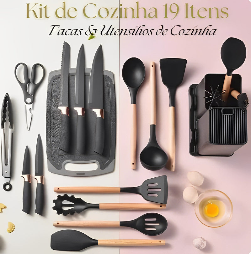 Kit de Cozinha 19 Utensílios em Silicone Premium - NÃO MANCHA E NÃO PEGA MOFO
