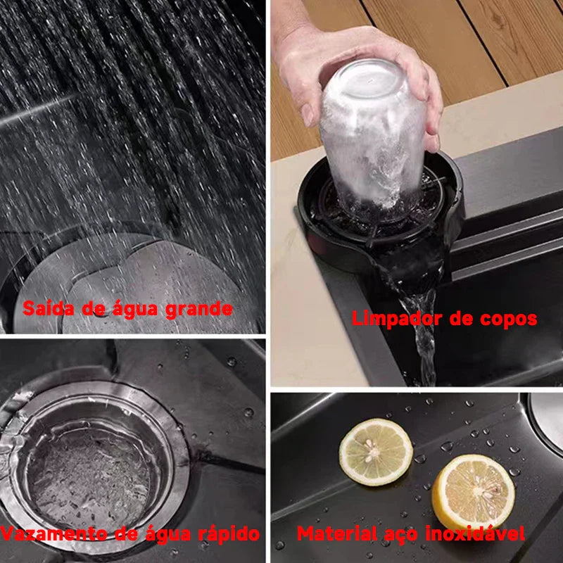 Kit Pia de Cozinha com Sifão, Aço Inoxidável, Torneira Flexível Preta, Lavadora de Copos, Cuba Gourmet